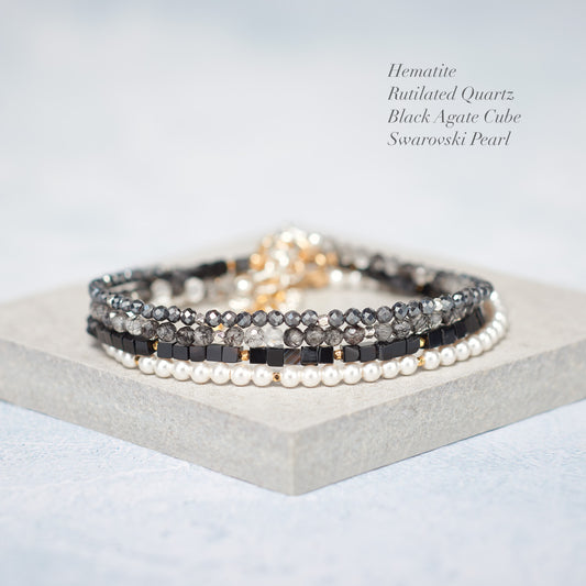 Set Of 4 Dainty Gemstone Stacking Bracelets, Hematite, Tourmalinated Quartz, Black Agate & Pearl