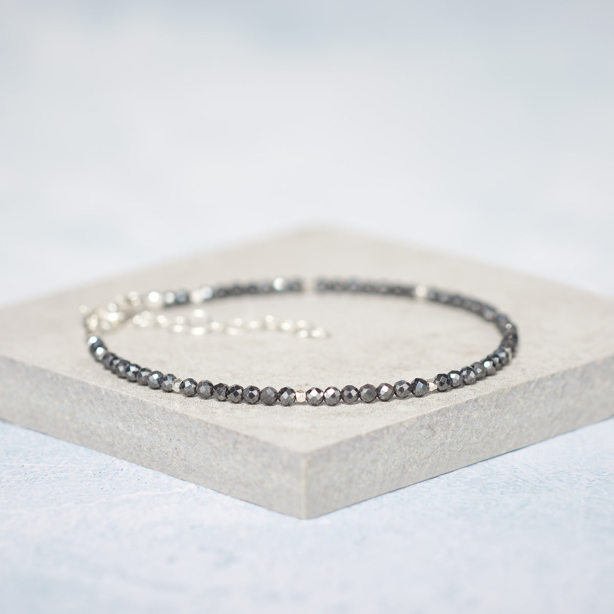 Set Of 4 Dainty Gemstone Stacking Bracelets, Hematite, Tourmalinated Quartz, Black Agate & Pearl
