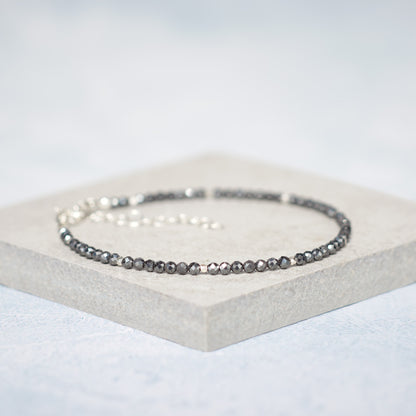 Set Of 4 Dainty Gemstone Stacking Bracelets, Hematite, Tourmalinated Quartz, Black Agate & Pearl