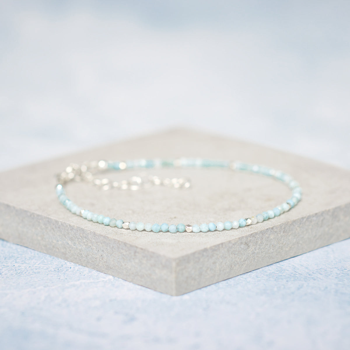 Set Of 4 Dainty Gemstone Stacking Bracelets, Larimar, Smoky Quartz, Tanzanite & Topaz