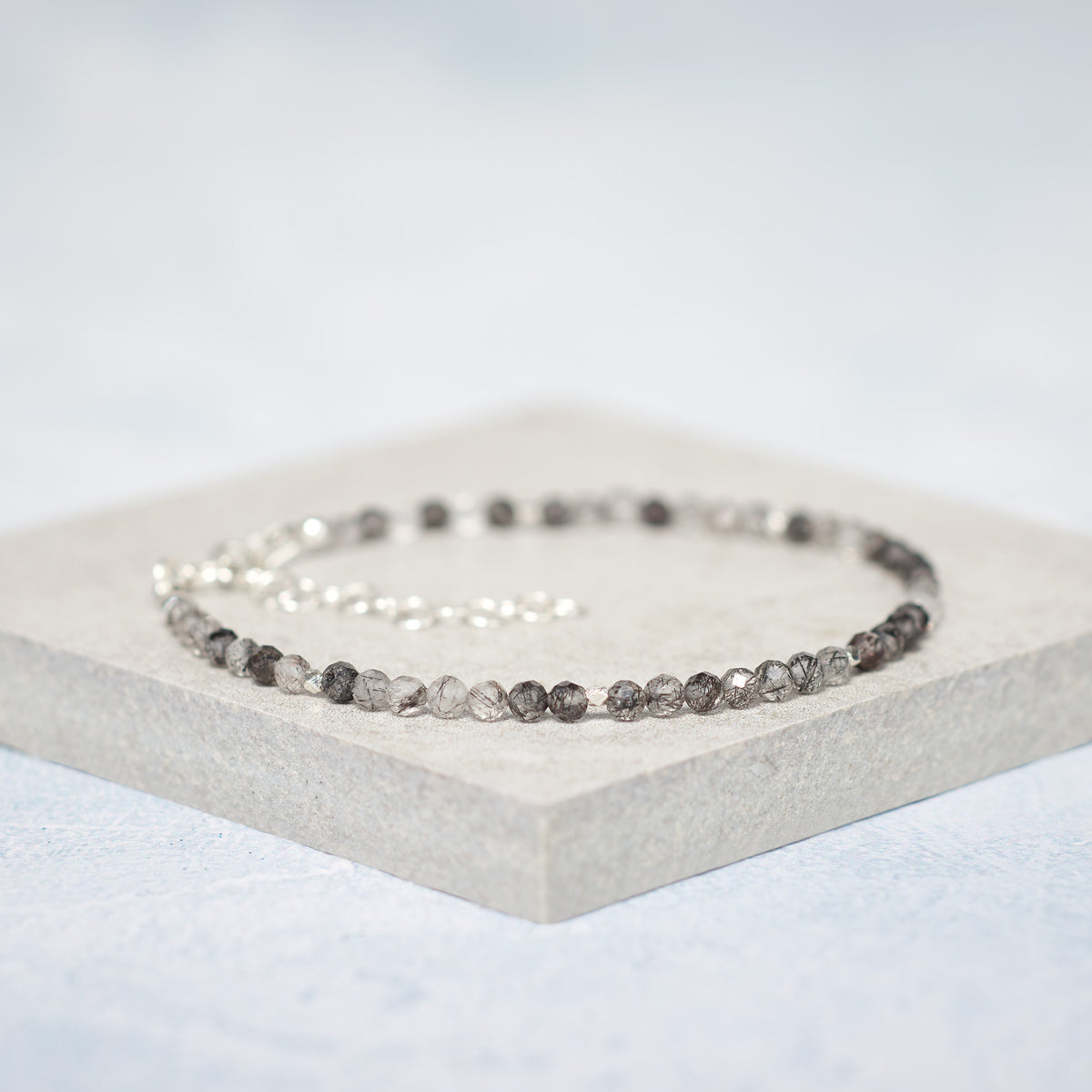Set Of 4 Dainty Gemstone Stacking Bracelets, Hematite, Tourmalinated Quartz, Black Agate & Pearl