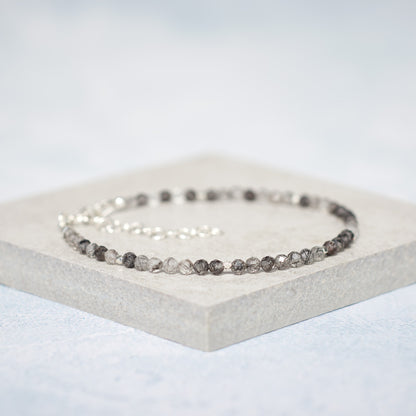 Set Of 4 Dainty Gemstone Stacking Bracelets, Hematite, Tourmalinated Quartz, Black Agate & Pearl