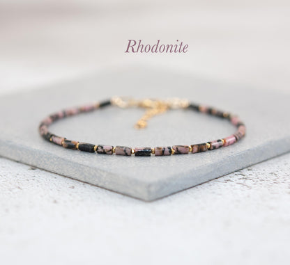 Dainty Rhodonite Gemstone Tube Bead Bracelet