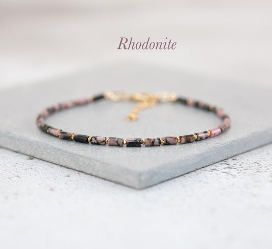 Dainty Rhodonite Gemstone Tube Bead Bracelet