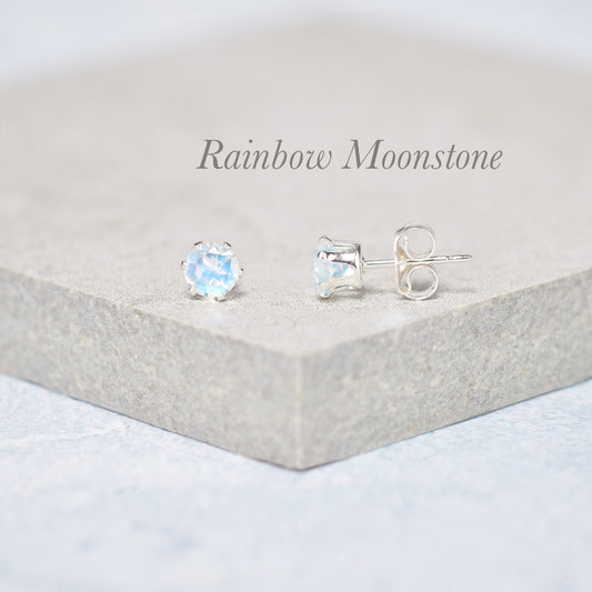 Dainty Rainbow Moonstone Stud Earrings (AAA Grade)