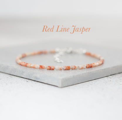Dainty Red Line Jasper Gemstone Tube Bead Bracelet