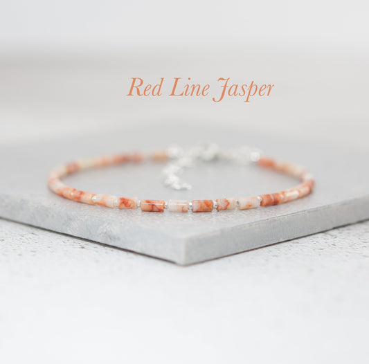 Dainty Red Line Jasper Gemstone Tube Bead Bracelet