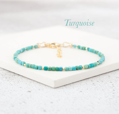 Dainty Turquoise Gemstone Cube Bead Bracelet