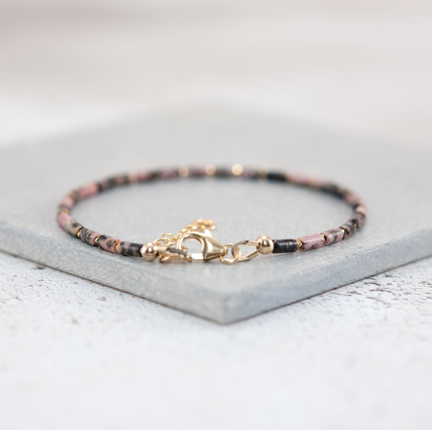 Dainty Rhodonite Gemstone Tube Bead Bracelet