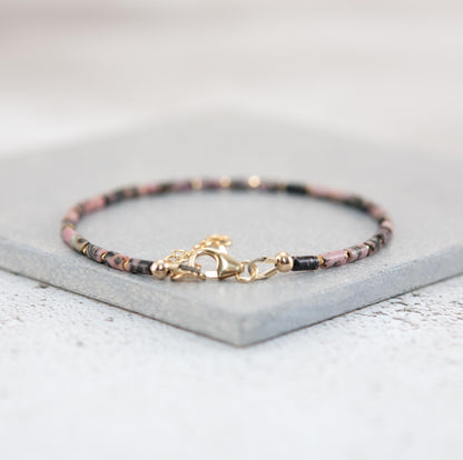 Dainty Rhodonite Gemstone Tube Bead Bracelet
