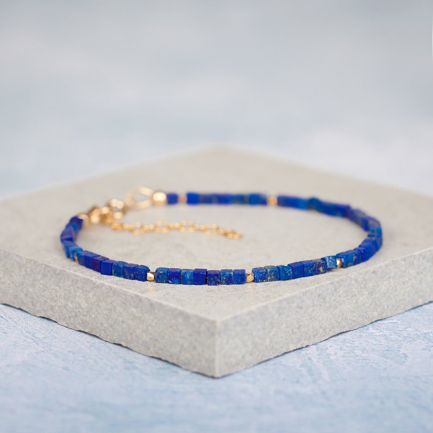 Dainty Lapis Lazuli Gemstone Cube Bead Bracelet