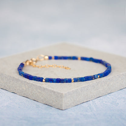 Dainty Lapis Lazuli Gemstone Cube Bead Bracelet