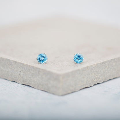 Dainty Swiss Blue Topaz Gemstone Stud Earrings, 4mm Genuine Blue Topaz & Sterling Silver/Gold Fill Post Earrings, December Birthstone Gift