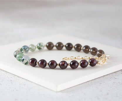 Grounding Gemstone Bracelet (Smoky Quartz, Moss Agate & Garnet)