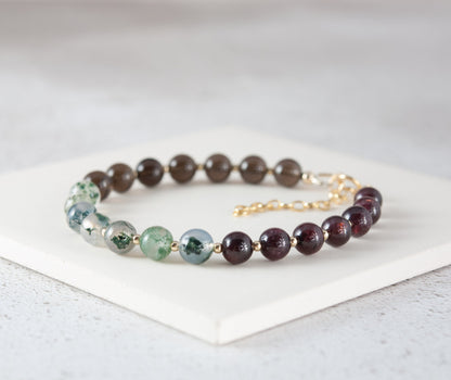 Grounding Gemstone Bracelet (Smoky Quartz, Moss Agate & Garnet)