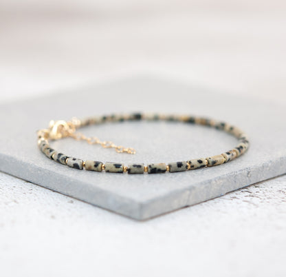 Dainty Dalmatian Jasper Gemstone Tube Bead Bracelet