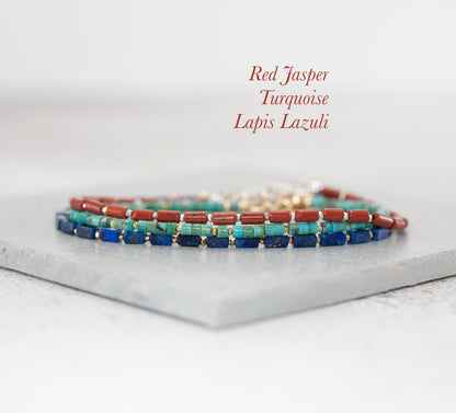 Dainty Lapis Lazuli Gemstone Cuboid Bead Bracelet