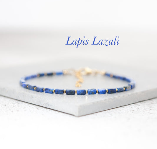 Dainty Lapis Lazuli Gemstone Cuboid Bead Bracelet