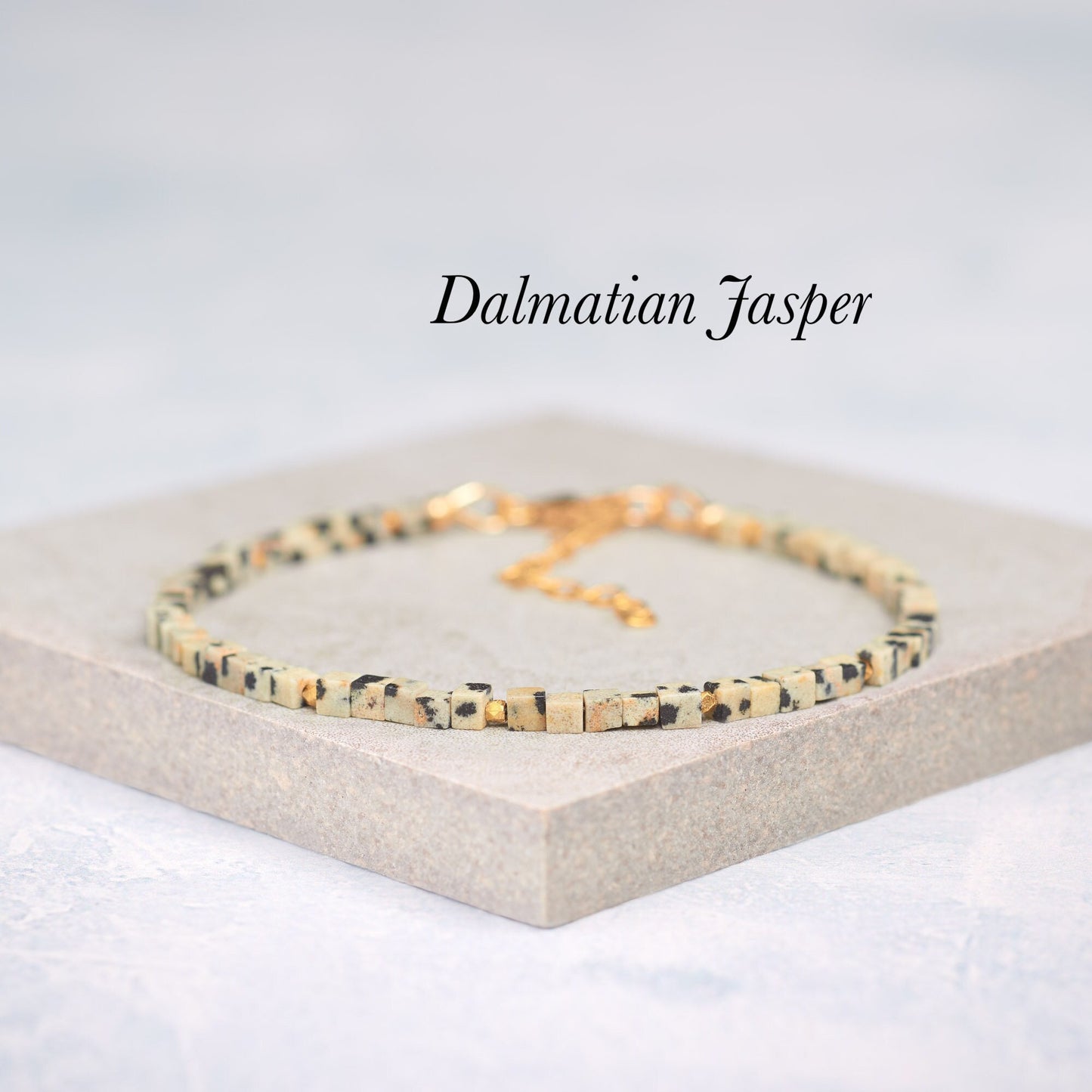 Dainty Dalmatian Jasper Gemstone Cube Bead Bracelet