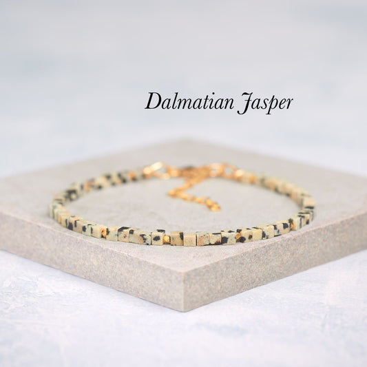 Dainty Dalmatian Jasper Gemstone Cube Bead Bracelet