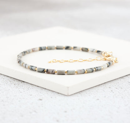 Dainty Spider Web Jasper Gemstone Tube Bead Bracelet