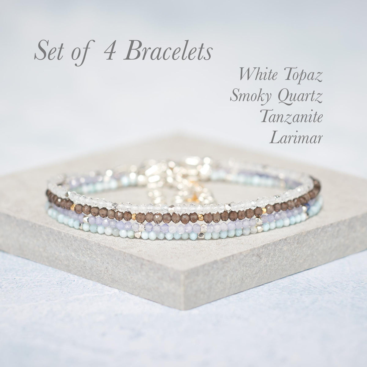 Set Of 4 Dainty Gemstone Stacking Bracelets, Larimar, Smoky Quartz, Tanzanite & Topaz