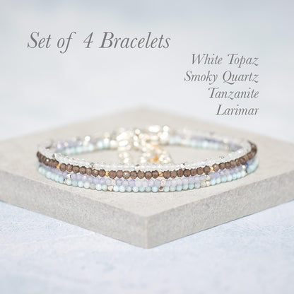 Set Of 4 Dainty Gemstone Stacking Bracelets, Larimar, Smoky Quartz, Tanzanite & Topaz