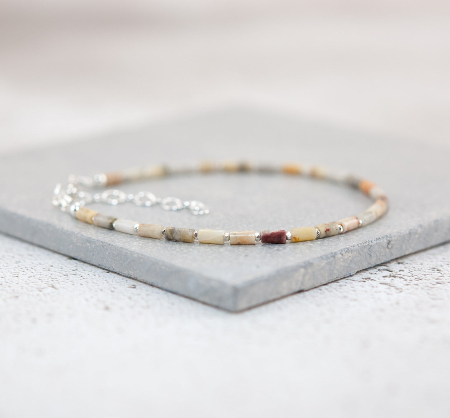 Dainty Crazy Lace Agate Gemstone Tube Bead Bracelet