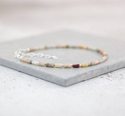Dainty Crazy Lace Agate Gemstone Tube Bead Bracelet