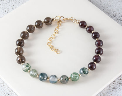 Grounding Gemstone Bracelet (Smoky Quartz, Moss Agate & Garnet)
