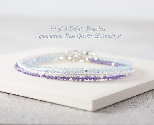 Set of 3 Dainty Gemstone Bracelets - Rose Quartz, Aquamarine & Amethyst