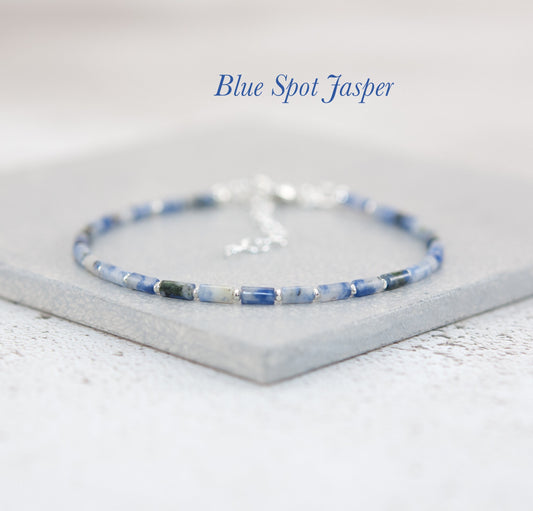 Dainty Blue Spot Jasper Gemstone Tube Bead Bracelet