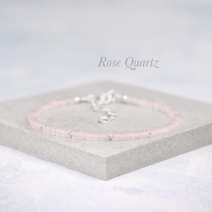 Dainty Rose Quartz Gemstone Cube Bead Bracelet