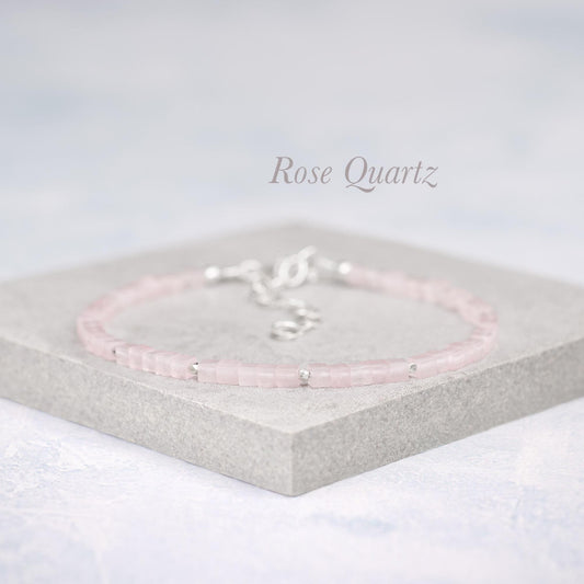 Dainty Rose Quartz Gemstone Cube Bead Bracelet