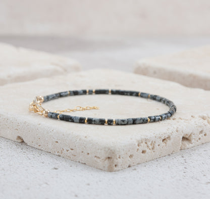 Dainty Snowflake Obsidian Heishi Bead Bracelet