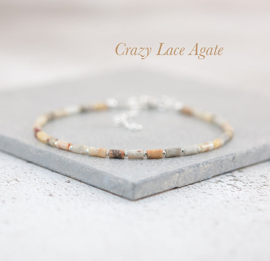 Dainty Crazy Lace Agate Gemstone Tube Bead Bracelet