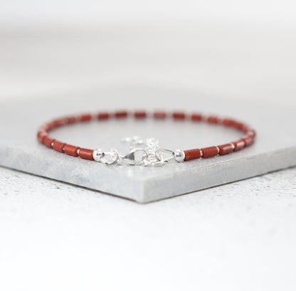 Dainty Red Jasper Gemstone Tube Bead Bracelet