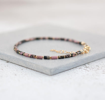 Dainty Rhodonite Gemstone Tube Bead Bracelet