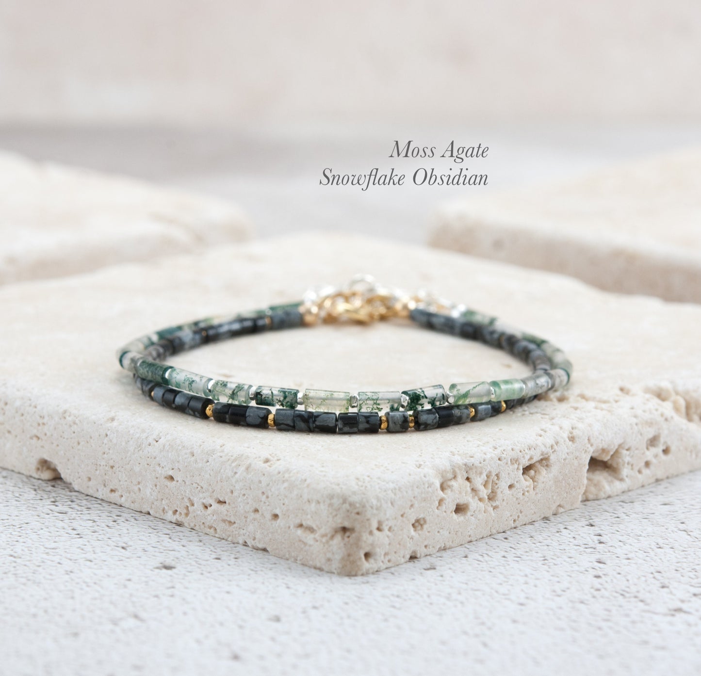 Dainty Green Moss Agate Gemstone Tube Bead Bracelet