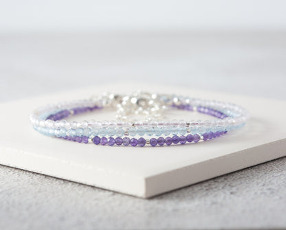 Set of 3 Dainty Gemstone Bracelets - Rose Quartz, Aquamarine & Amethyst