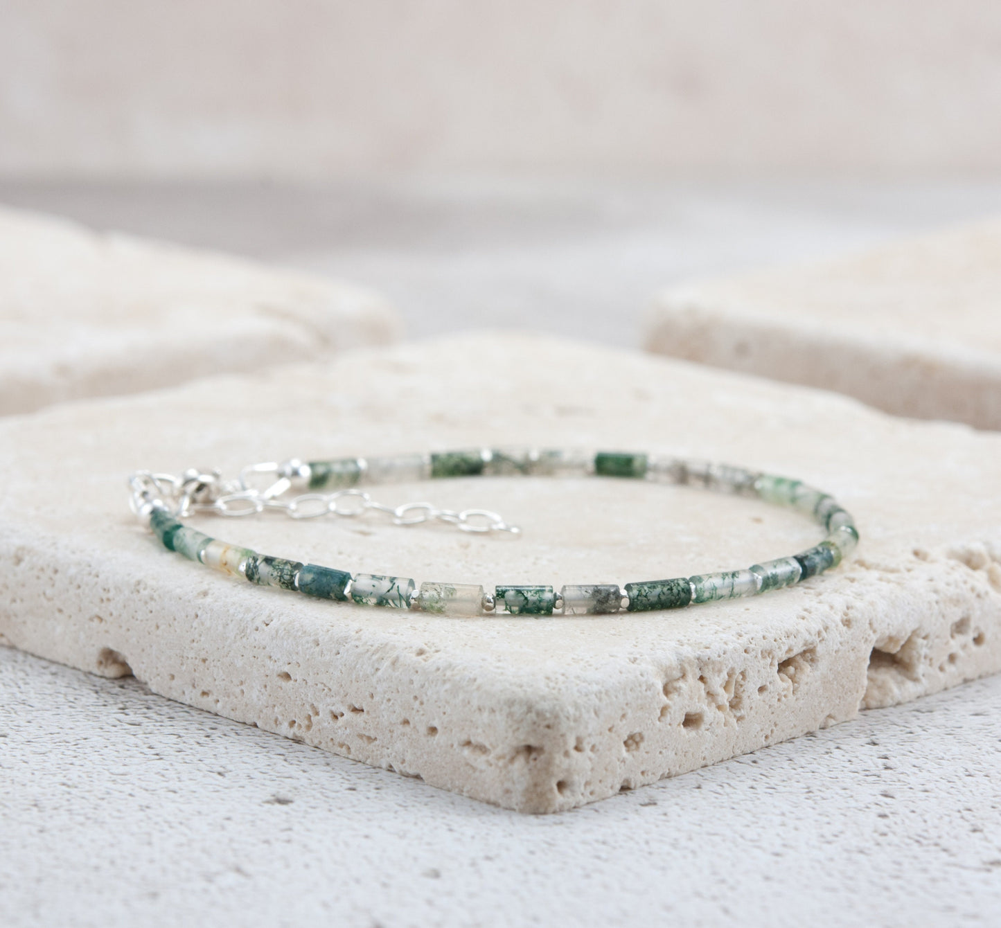 Dainty Green Moss Agate Gemstone Tube Bead Bracelet