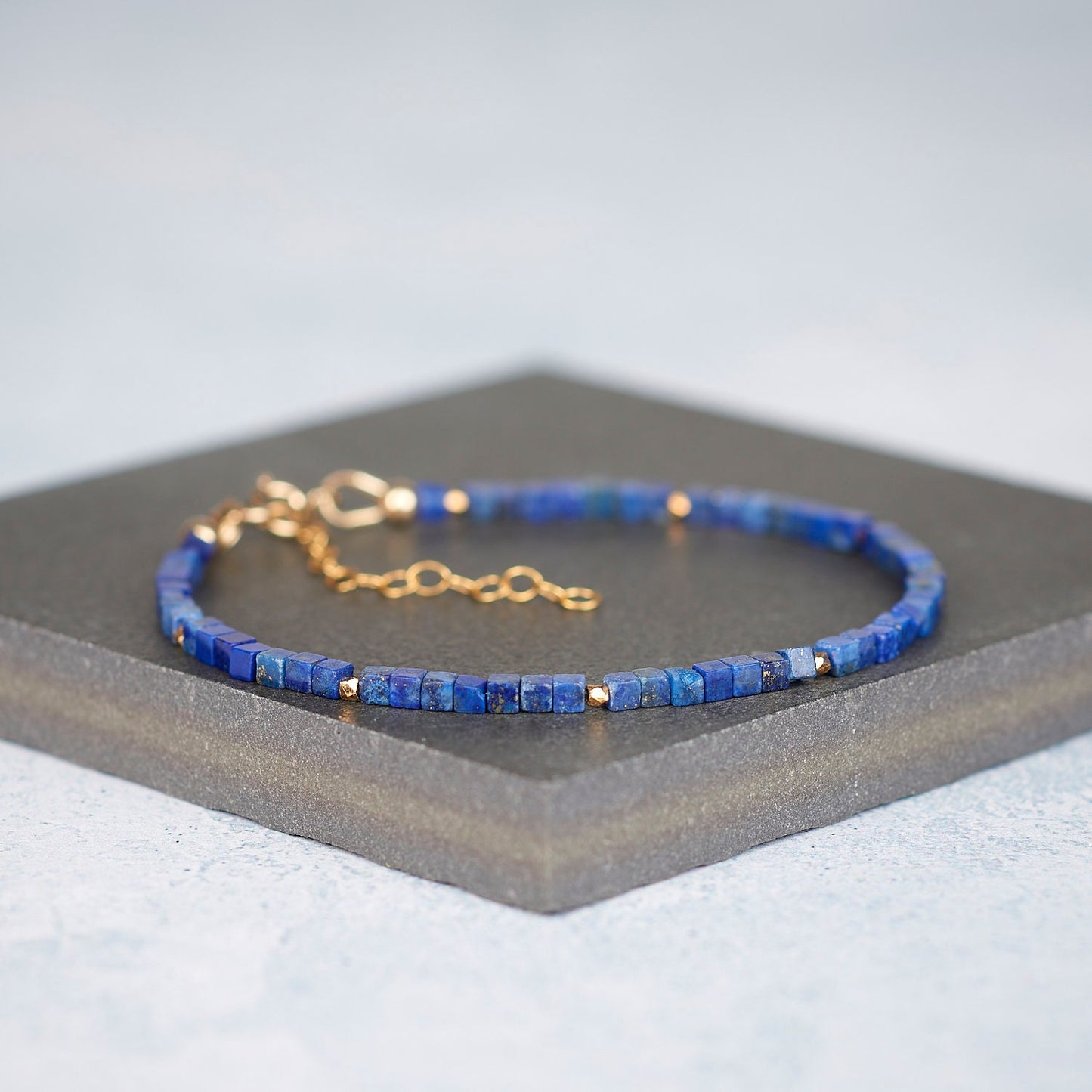 Dainty Lapis Lazuli Gemstone Cube Bead Bracelet