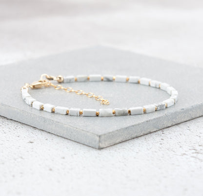 Dainty Howlite Gemstone Cuboid Bead Bracelet