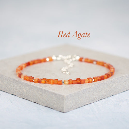 Dainty Red Agate Cube Bead Gemstone Bracelet