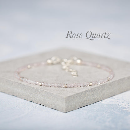 Set Of 4 Dainty Gemstone Stacking Bracelets - Aquamarine, Aventurine, Peridot & Rose Quartz