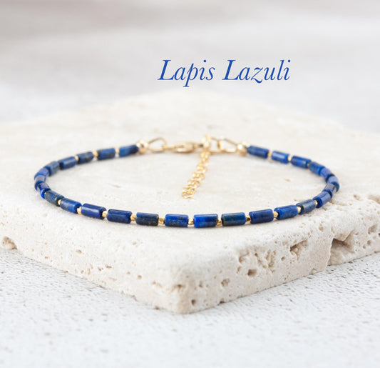 Dainty Lapis Lazuli Gemstone Tube Bead Bracelet