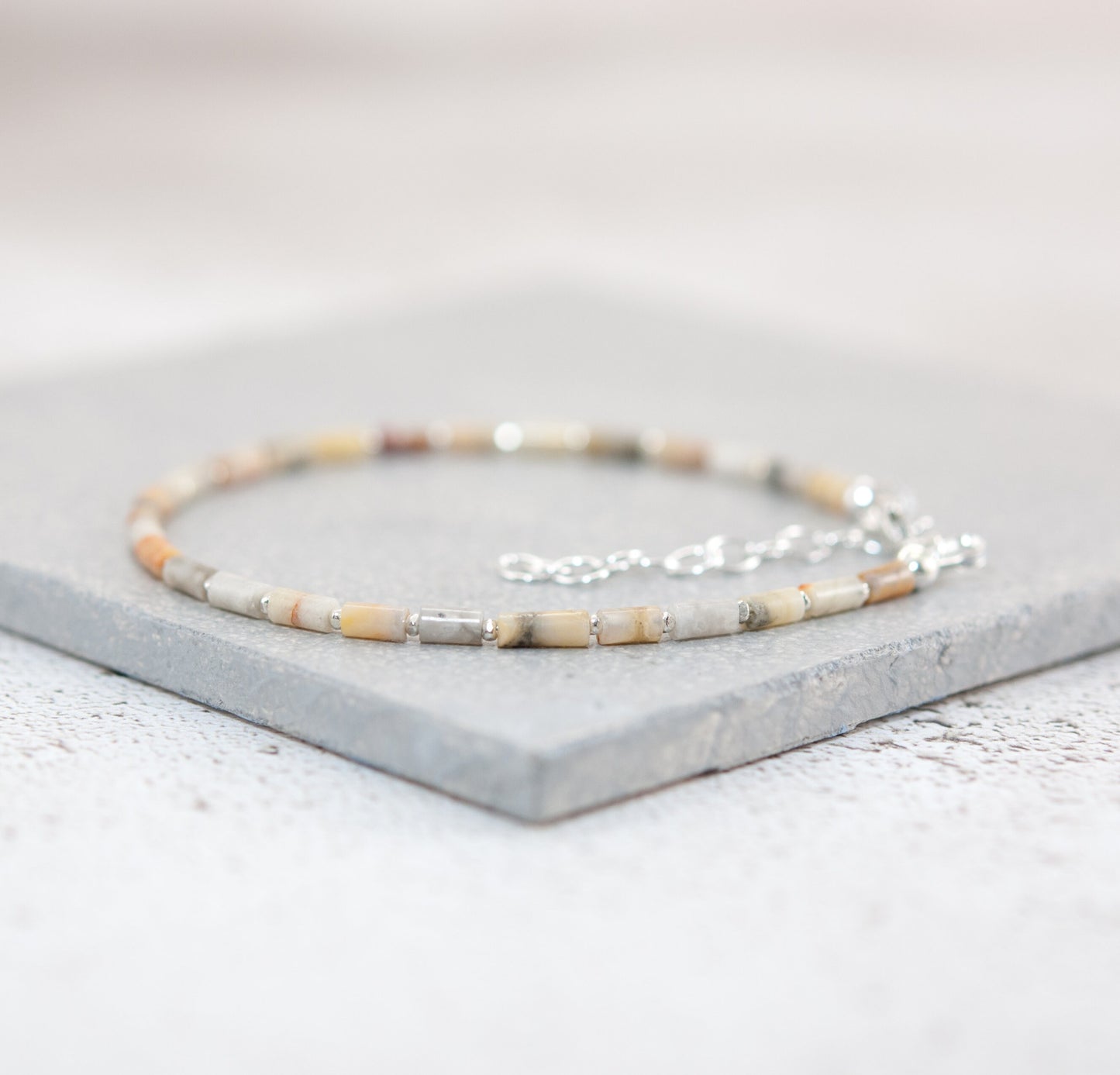 Dainty Crazy Lace Agate Gemstone Tube Bead Bracelet