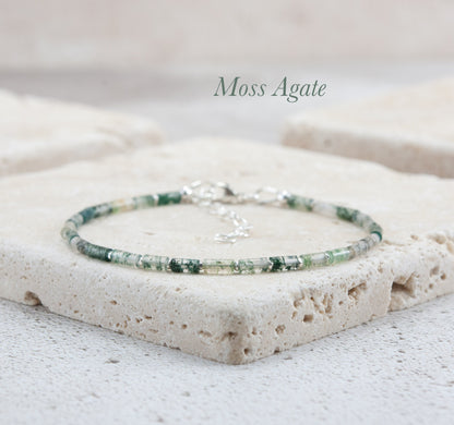 Dainty Green Moss Agate Gemstone Tube Bead Bracelet