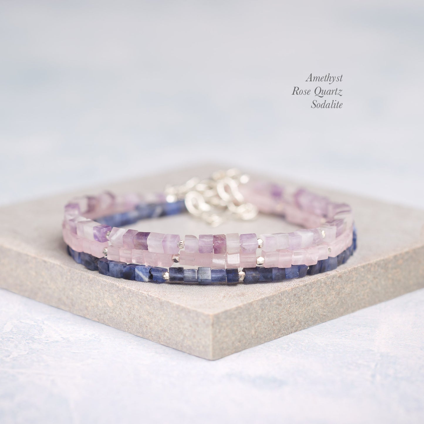 Dainty Amethyst Gemstone Cube Bead Bracelet