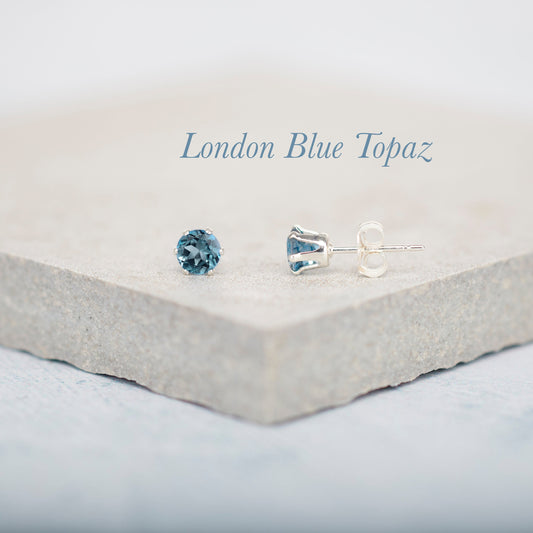 Dainty London Blue Topaz Gemstone Stud Earrings